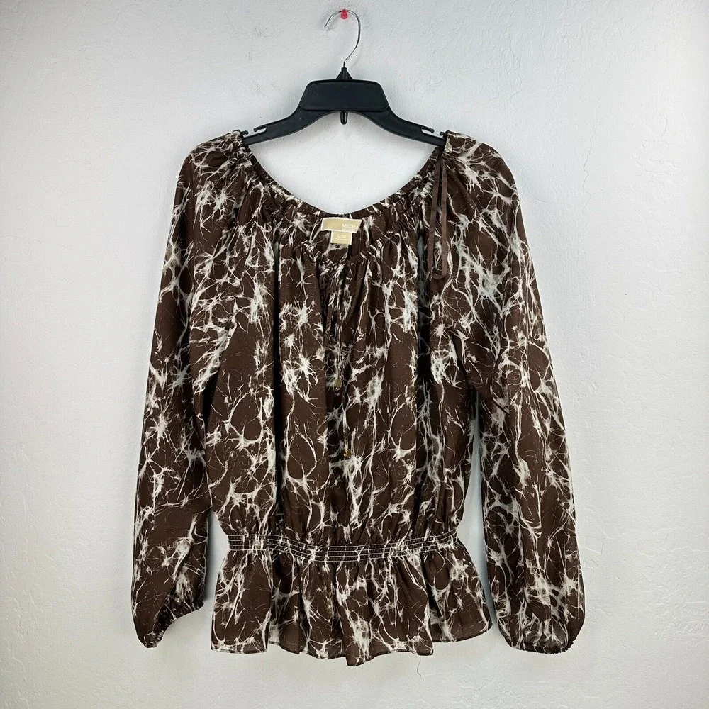 Michael Kors Silk Blouse Womens Top L Brown‎ Cream Goldtone Tie Smocked Waist